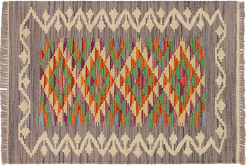 Flat Weave Kilim, Antique, Navaho, Vintage, Handmade, Geometric Kilim Gray Beige Hand-Woven Rectangle 100% Wool Area Rug 2 x 3